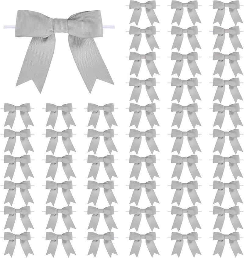 Meseey 50 Pcs 3 Inches Grosgrain Ribbon Twist Tie Bows Light Silver Pretied Premade Craft Bows for Treat Bags Gift Wrapping Basket Wedding Baby Shower Brithday Christmas Party (Light Silver) - Image 1